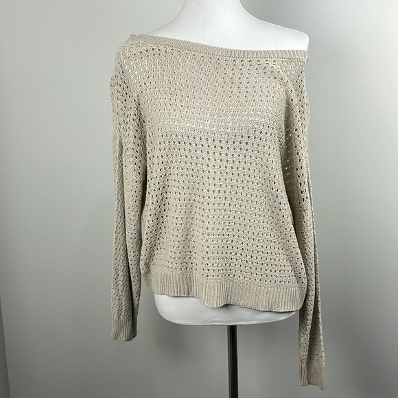 Pink Lily Open Knit Beige Sweater Sz M Coastal Boho  Festival Neutral Beachy - Picture 3 of 13